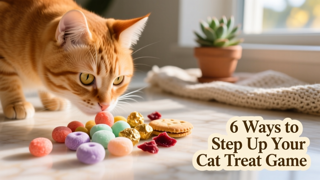 Close-up of a curious cat sniffing a variety of small, colorful cat treats scattered on a clean surface