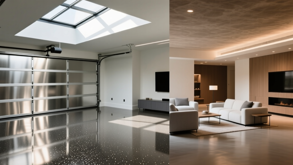Split-view interior showing a glossy metallic epoxy coated garage floor transitioning into a matte polyurethane finished basement living space