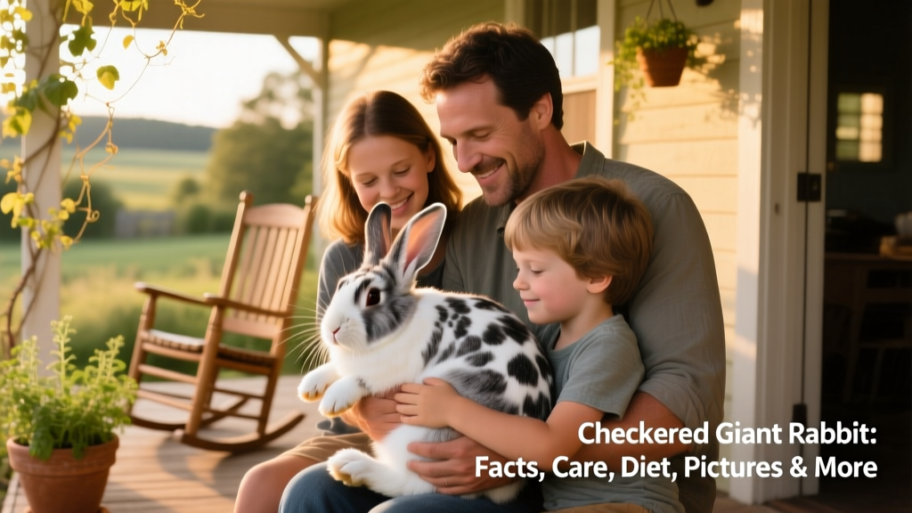 A family gently holding a calm Checkered Giant rabbit on a sunny porch, smiling together