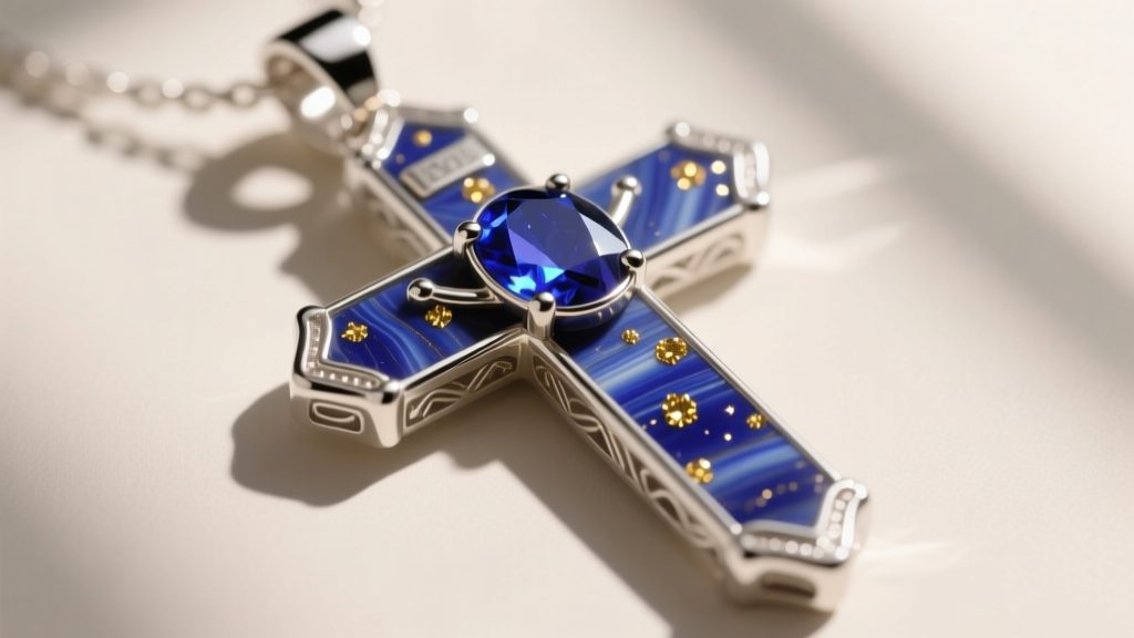 Macro photography of a lapis lazuli inlaid sterling silver crucifix pendant, highlighting golden pyrite flecks and polished bezel