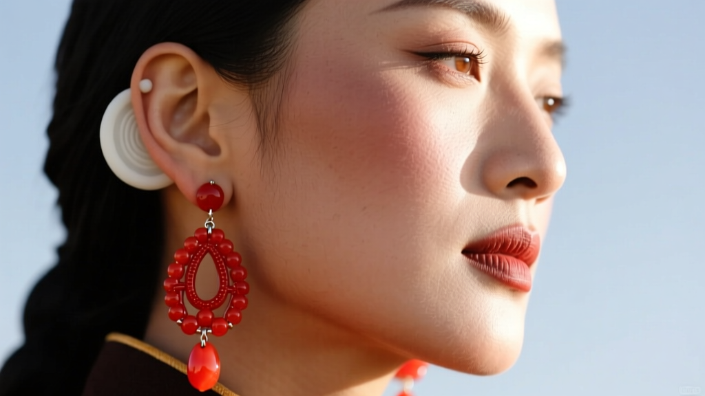Woman wearing heavy Tibetan coral drop earrings, showing a clear silicone support pad hidden behind the earlobe to prevent tearing