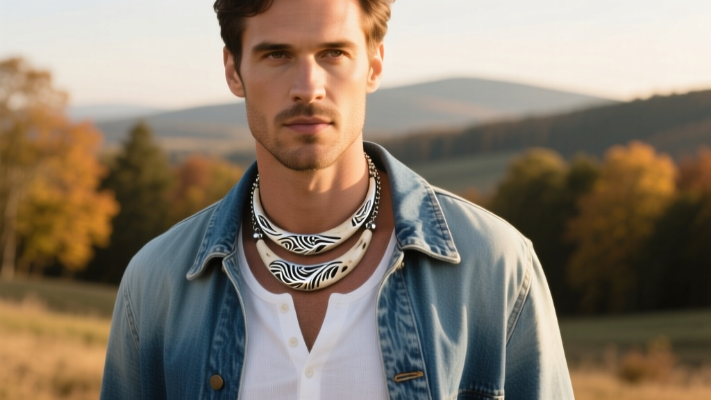 Man wearing a layered bone and silver pendant necklace over a white henley and denim jacket outdoors in golden hour lighting.