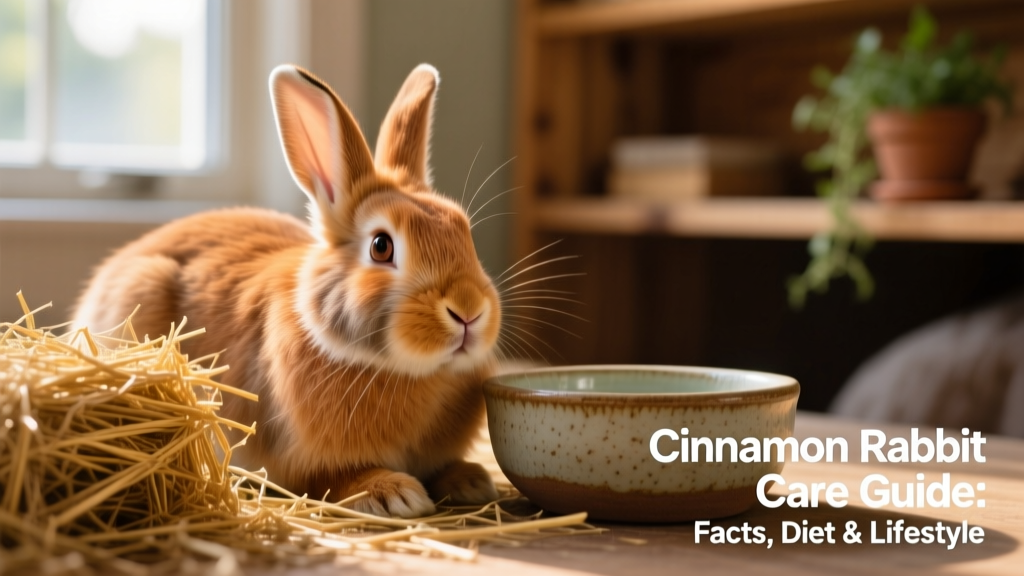 A healthy adult Cinnamon rabbit resting comfortably beside a small stack of hay and a ceramic water bowl