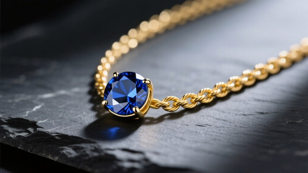 Macro photo of an 18k yellow gold cable chain necklace with a bezel-set round sapphire pendant resting on a dark slate surface