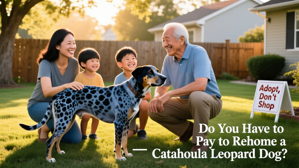 A family smiling while meeting a Catahoula Leopard Dog during a supervised meet-and-greet