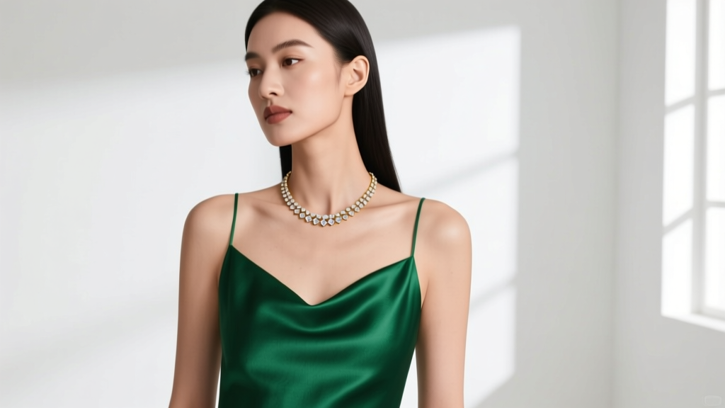 Woman in an emerald green silk halter dress wearing a delicate 14k gold diamond lariat necklace resting softly on her collarbone.