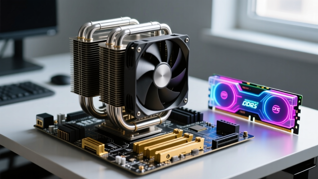 Close-up of a high-end gaming PC motherboard being assembled with a massive dual-tower air cooler and RGB-lit DDR5 RAM modules on a workbench