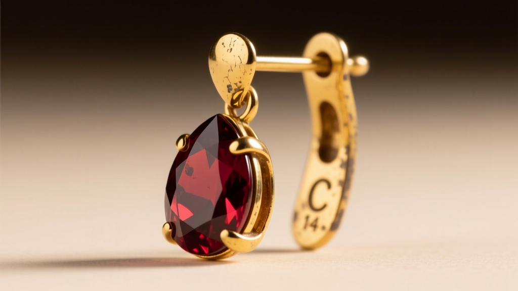 Extreme close-up of an antique C-clasp and worn metal hallmark on the back of a 14k yellow gold vintage garnet drop earring.