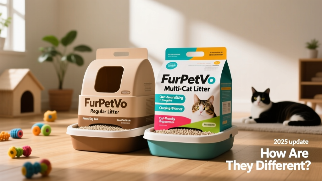 Stacked packages of FurPetVo regular and multi-cat litter side by side, with clear labeling and ingredient callouts