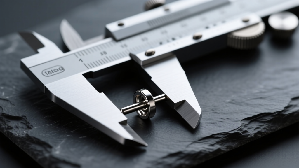 Macro shot of digital calipers measuring an 18-gauge titanium labret stud on dark slate with soft studio lighting.