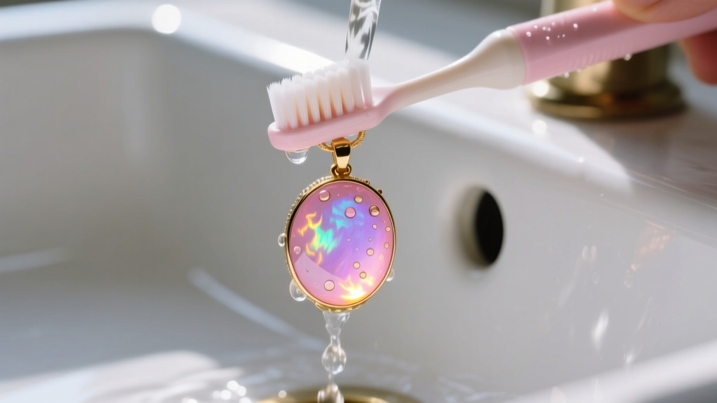 Close-up of soft baby toothbrush gently cleaning a pink Peruvian opal pendant under lukewarm running water in white ceramic sink