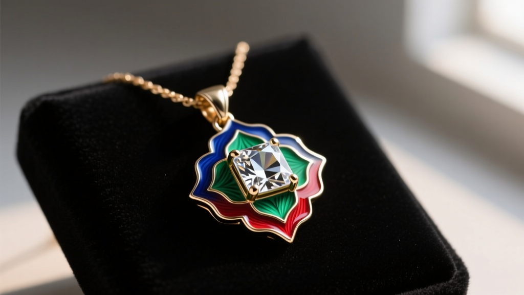 Close-up of a custom enameled character medallion necklace with a central cubic zirconia gem resting on a dark velvet display pad
