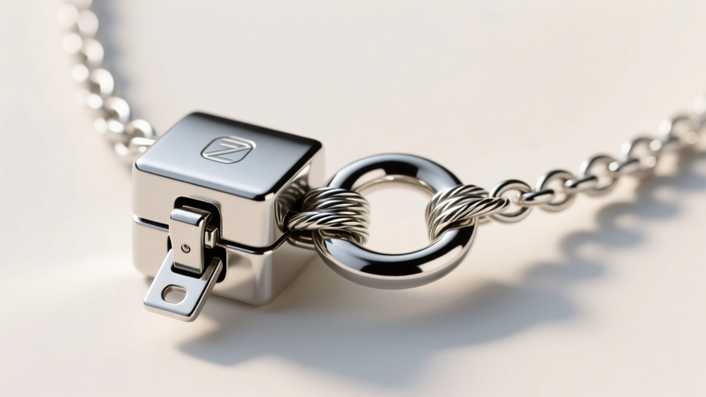 Extreme close-up of a dual-safety box clasp on a tennis necklace, highlighting the figure-eight safety wires and tongue lock.