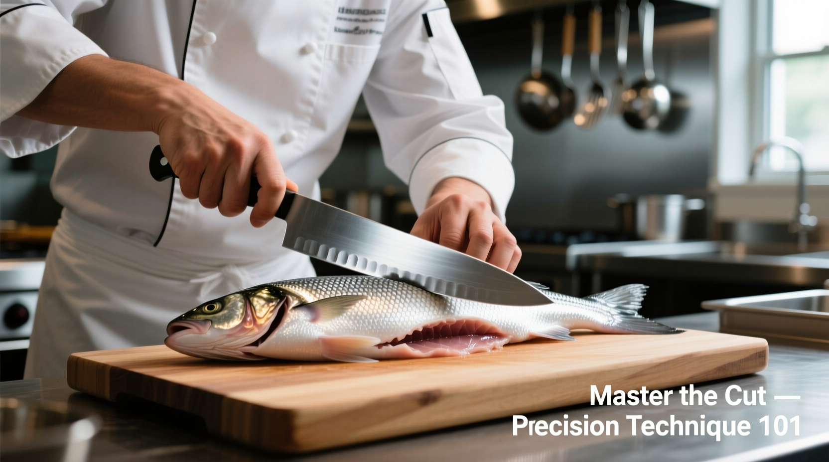 Chef demonstrating proper fish filleting technique with sharp knife