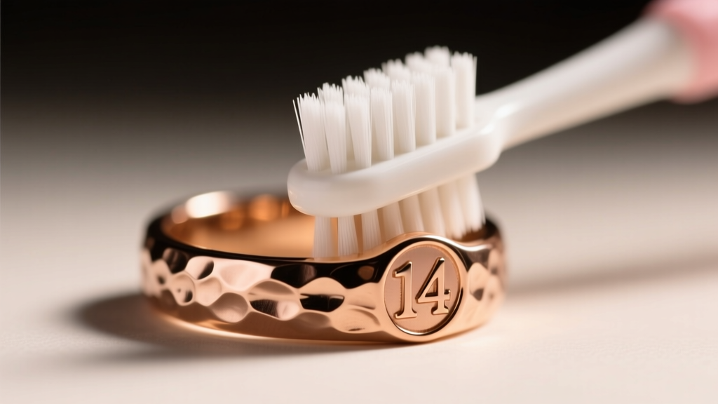 Macro shot of a soft baby toothbrush gently scrubbing crevices of a hammered 14k rose gold signet ring under warm studio lighting