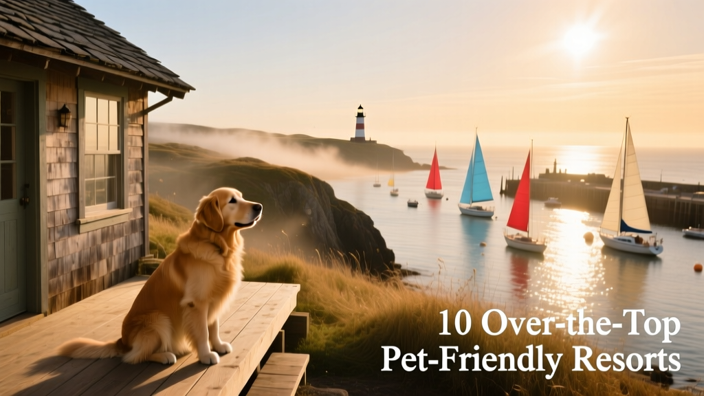 A cozy coastal cabin exterior with a dog sitting peacefully on the porch overlooking a harbor dotted with sailboats