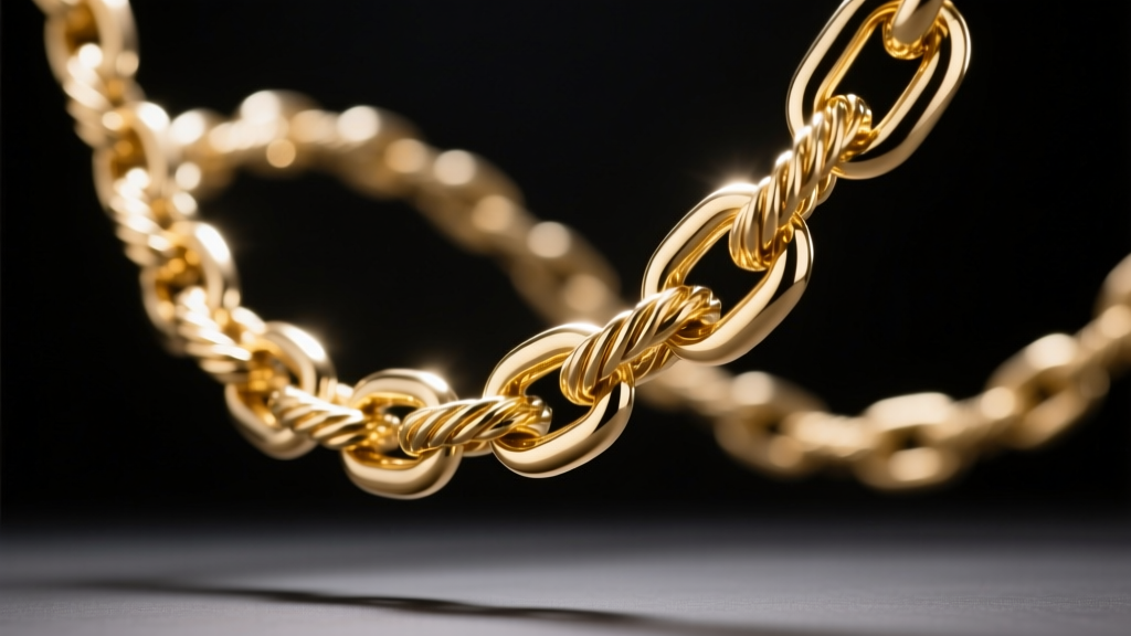 Macro shot of a gold rope chain suspended mid-air, displaying fluid drape and bright light reflection on a dark studio backdrop.