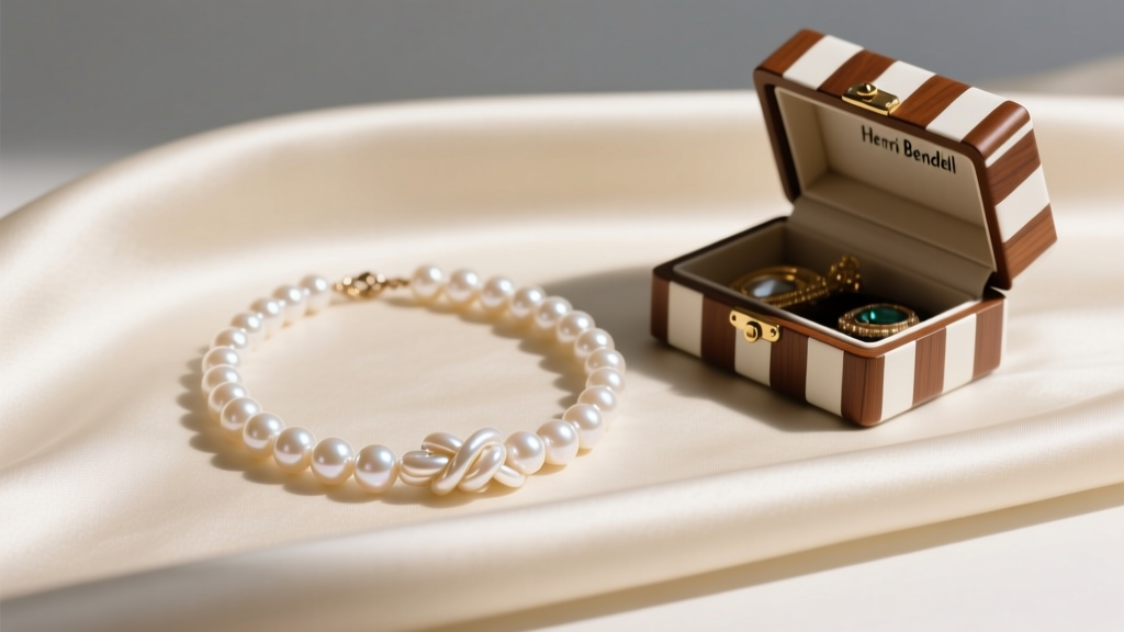 Vintage Henri Bendel knotted freshwater pearl necklace resting on cream silk fabric beside a brown and white striped jewelry box.