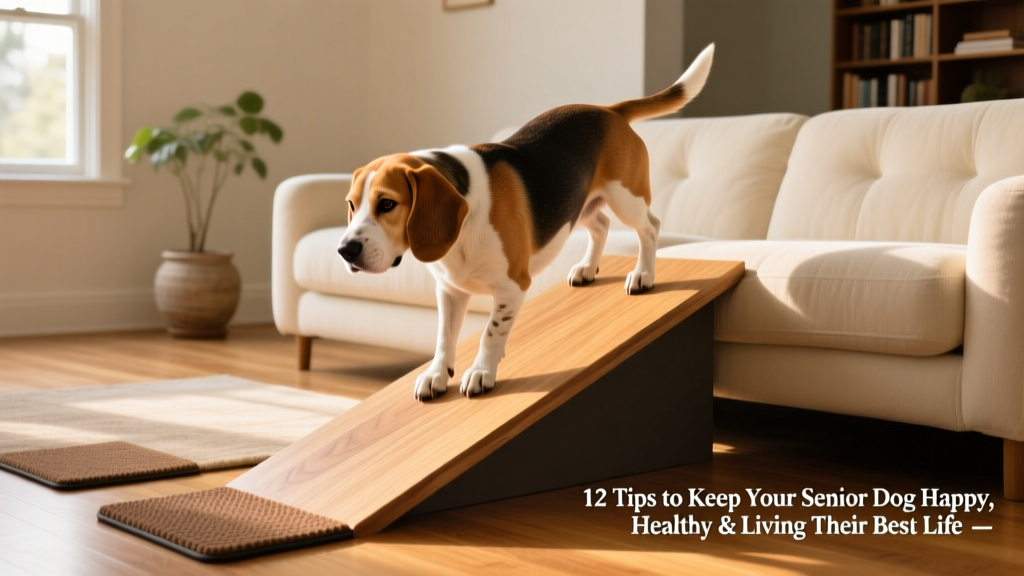 Senior beagle using a low-profile ramp to climb onto a plush sofa, with non-slip mats visible on the hardwood floor nearby
