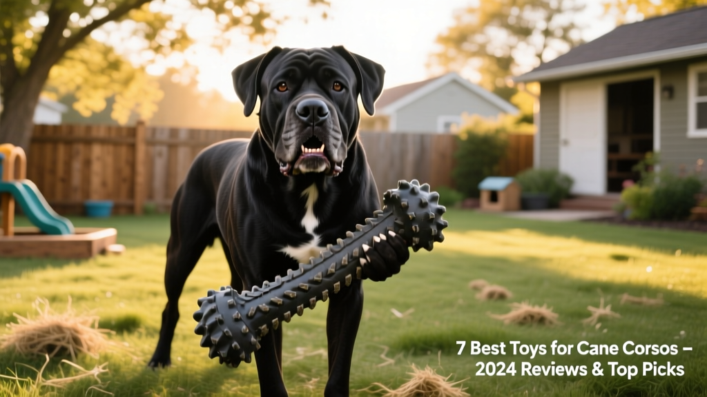 A confident adult Cane Corso gently holding a large, textured rubber toy in its mouth outdoors