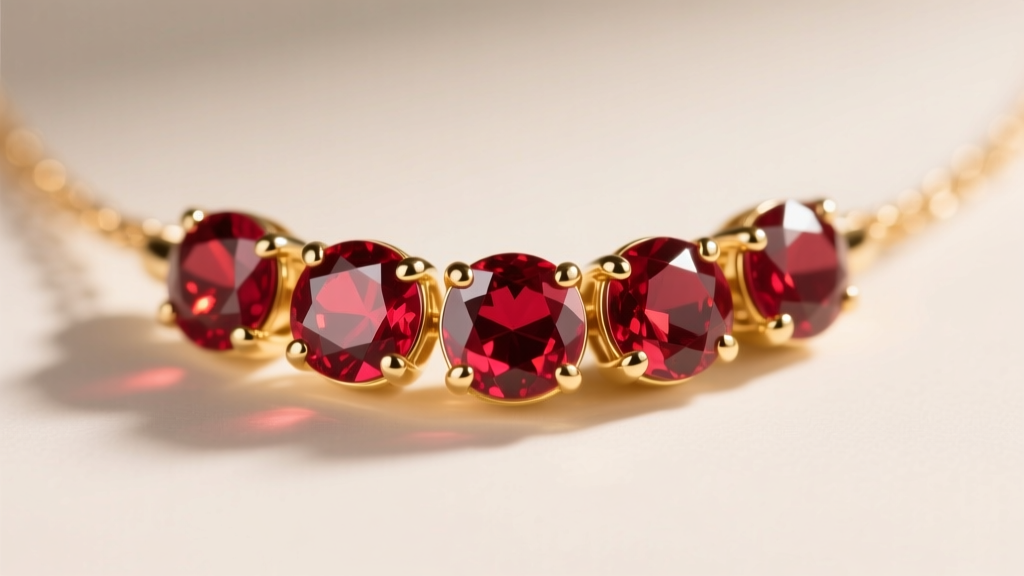 Macro shot of 18k gold ruby station necklace, five 3mm bezel-set rubies glowing under warm studio light, sharp focus on red gems