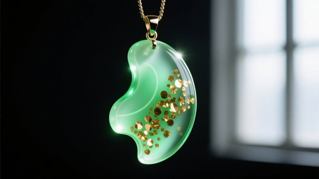 Macro shot of a photoluminescent epoxy resin tarot pendant emitting a soft green glow, highlighting embedded metallic gold flakes.