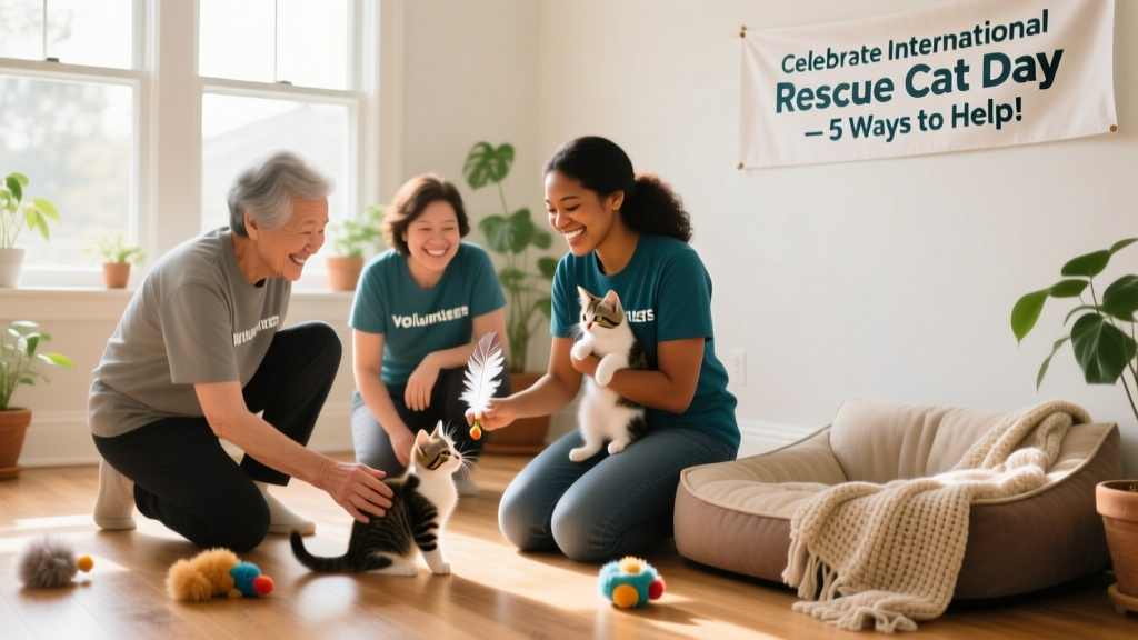 Volunteers gently socializing kittens in a bright, clean foster home setting with toys and cozy bedding