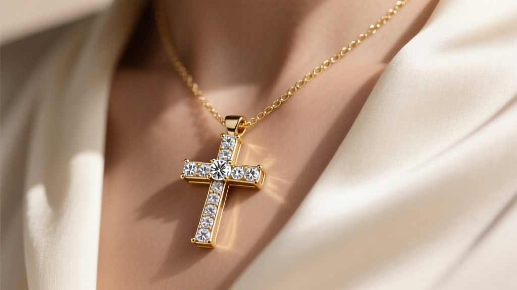 Close-up of a layered 14k white gold diamond cross necklace with a bezel-set sideways pendant resting on a neutral silk blouse