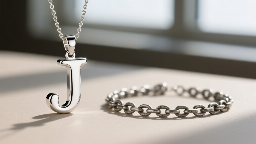 Macro shot comparing a polished Argentium silver J letter necklace next to a slightly oxidized standard 925 sterling silver chain