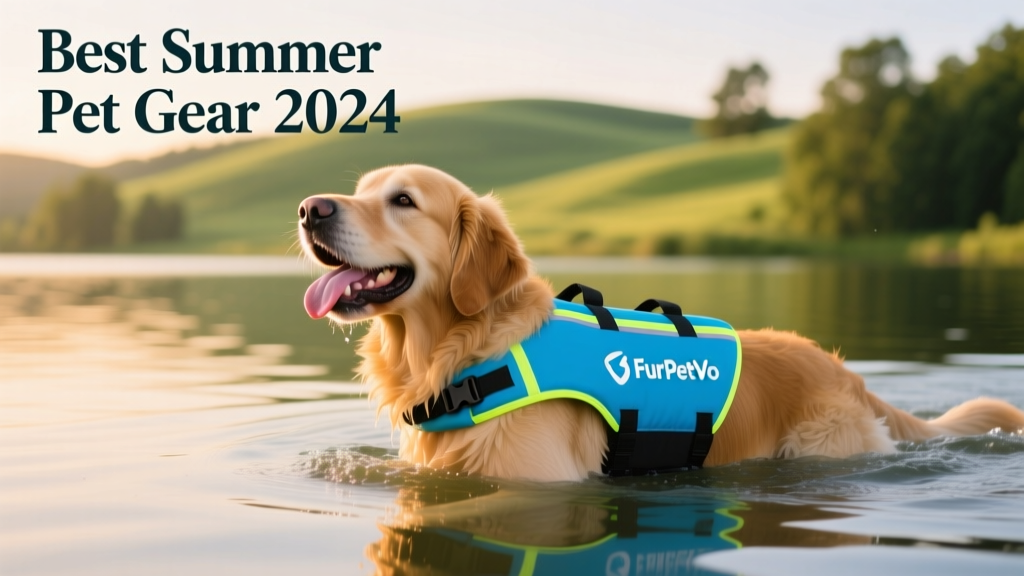 A medium-sized dog wearing a bright blue FurPetVo life vest, happily paddling in calm lake water