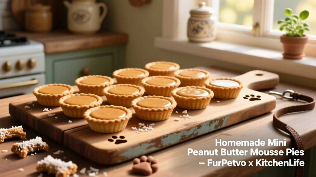 Finished mini pies arranged neatly on a rustic wooden board with a few whole FurPetVo treats scattered nearby