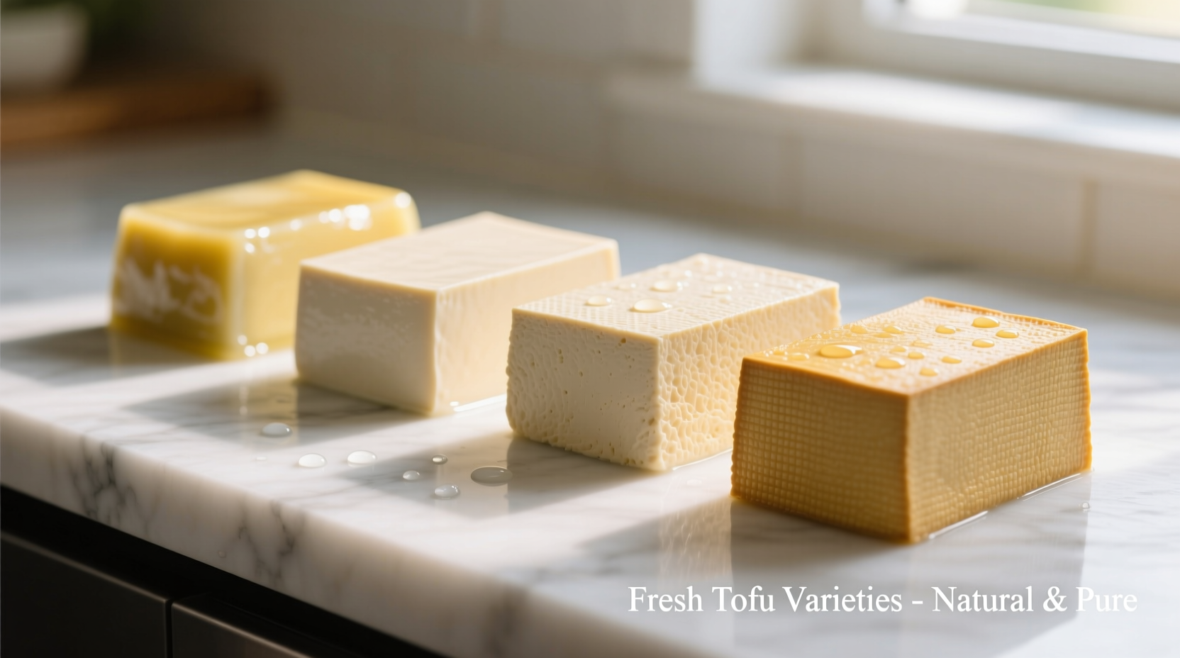 Fresh tofu blocks showing different varieties side by side
