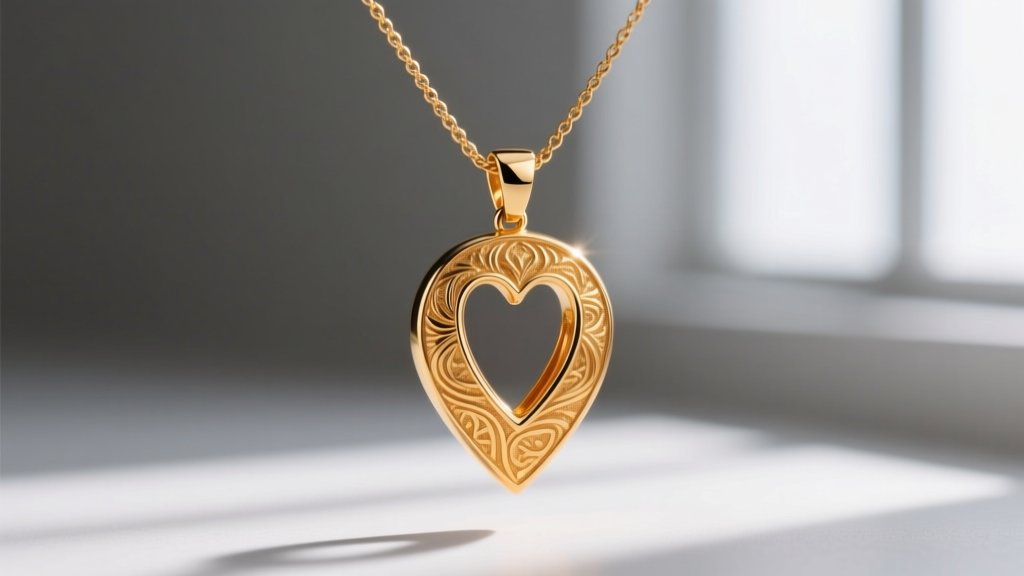 Macro shot of a heavy 14k gold pendant pulling a delicate 1mm cable chain into a deep V-shape, showing tension at the bail.