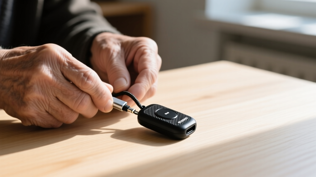 Senior hands connecting a magnetic charging cable to a black waterproof emergency fall-detection pendant resting on a wooden table