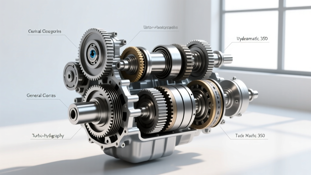Exploded view diagram of a General Motors Turbo-Hydramatic 350 transmission showing planetary gearsets and clutch packs