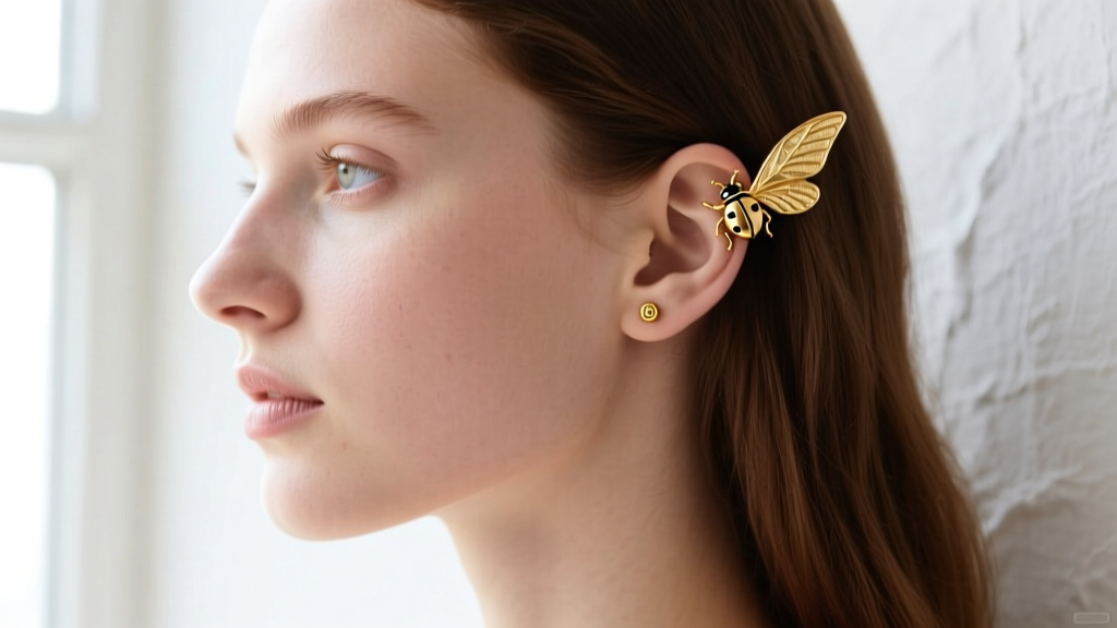Side profile of a model wearing a delicate 18-gauge gold ladybird cartilage cuff on the helix and a matching stud on the earlobe