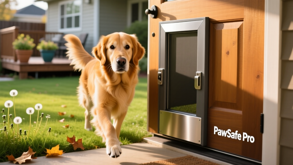 A golden retriever confidently stepping through a sturdy pet door installed in a backyard door