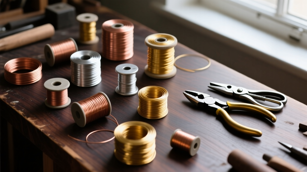 Overhead flat lay of copper, silver, and gold wire spools beside round nose pliers and cutters on a dark wood workbench.
