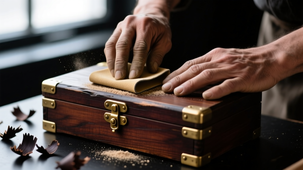 Close-up of hands using 220-grit sandpaper on a vintage wooden box lid, surrounded by dark ebony wood stain and brass hinges.