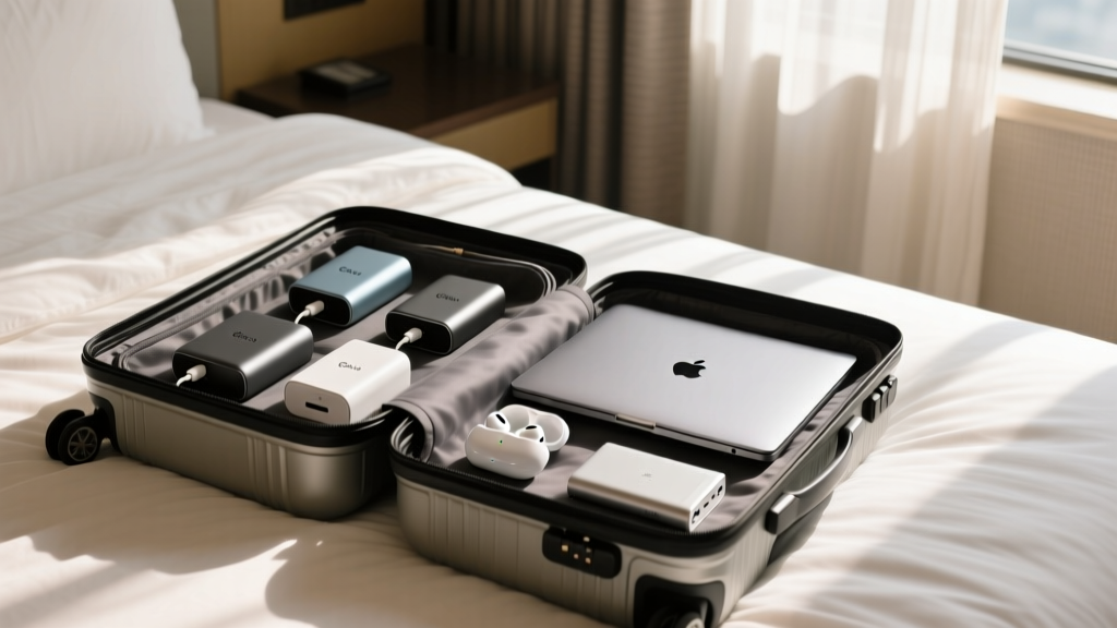 Open carry-on suitcase revealing neatly organized compact tech gadgets, GaN chargers, and a sleek laptop on a sunlit hotel bed