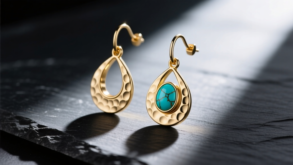 Gold vermeil Wylders drop earrings on dark slate, sunlight highlighting the hammered metal texture and a small raw turquoise stone