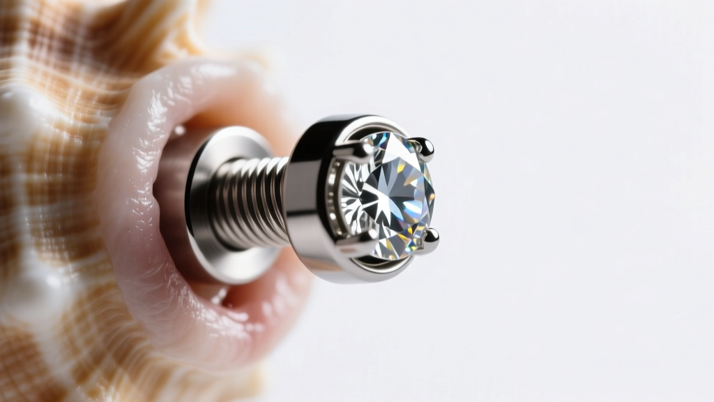 Macro shot of an ASTM F-136 titanium internally threaded labret stud with a bezel-set diamond in a healed conch piercing