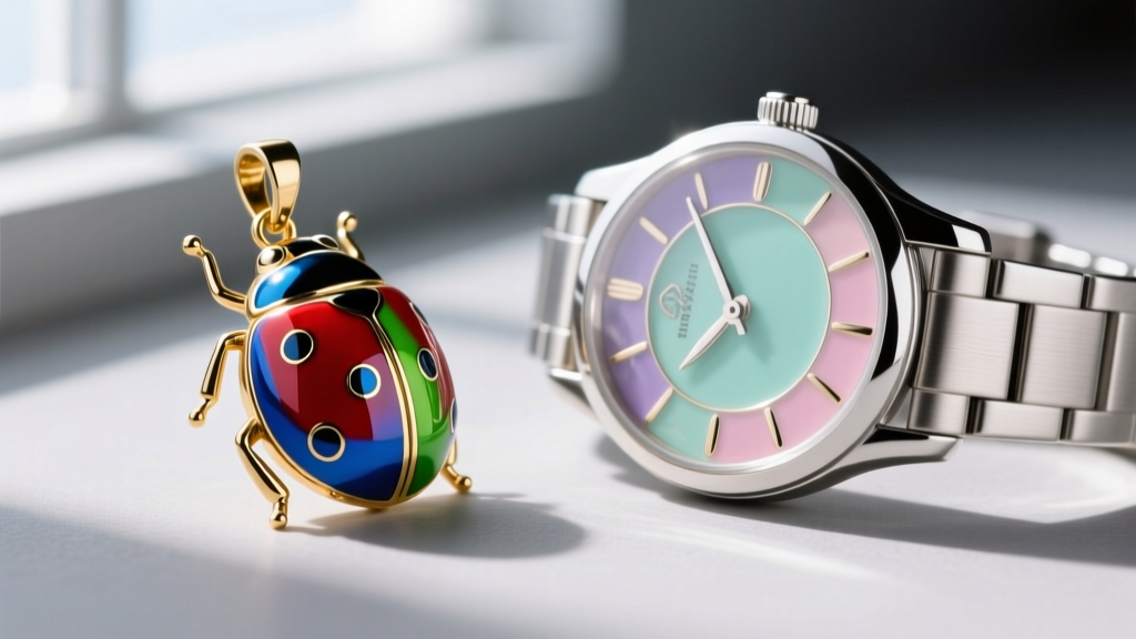 Macro photography comparing cold epoxy enamel on a brass ladybug pendant to vitreous enamel on a sterling silver watch casing.