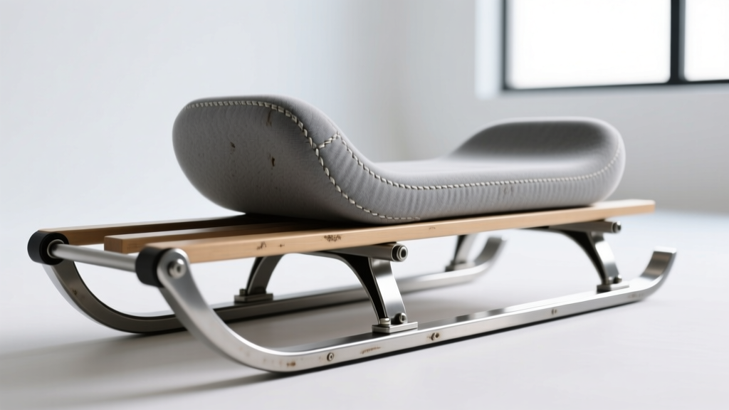 Close up of the carriage track and footplate angle on a 45-degree plate-loaded leg sled showing lumbar support pad