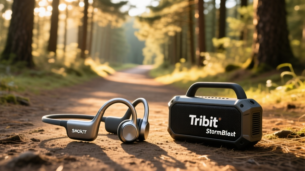Side-by-side comparison of the Shokz OpenRun Pro 2 bone conduction headphones and the Tribit StormBox Blast portable speaker on a trail.