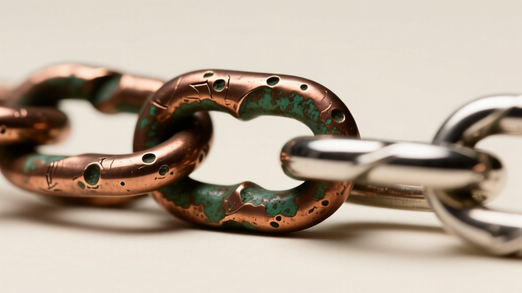 Macro photography of oxidized copper and sterling silver chain links showing hammer marks and natural patina under studio lighting.