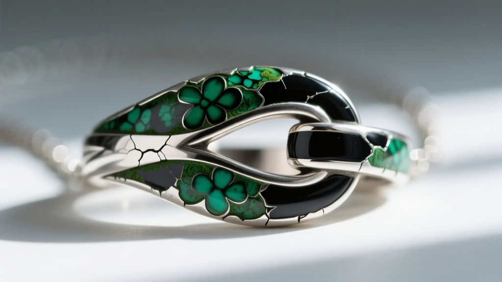 Macro photography of a sterling silver Hawaiian necklace clasp showing heavy green oxidation and chipped black epoxy enamel fill