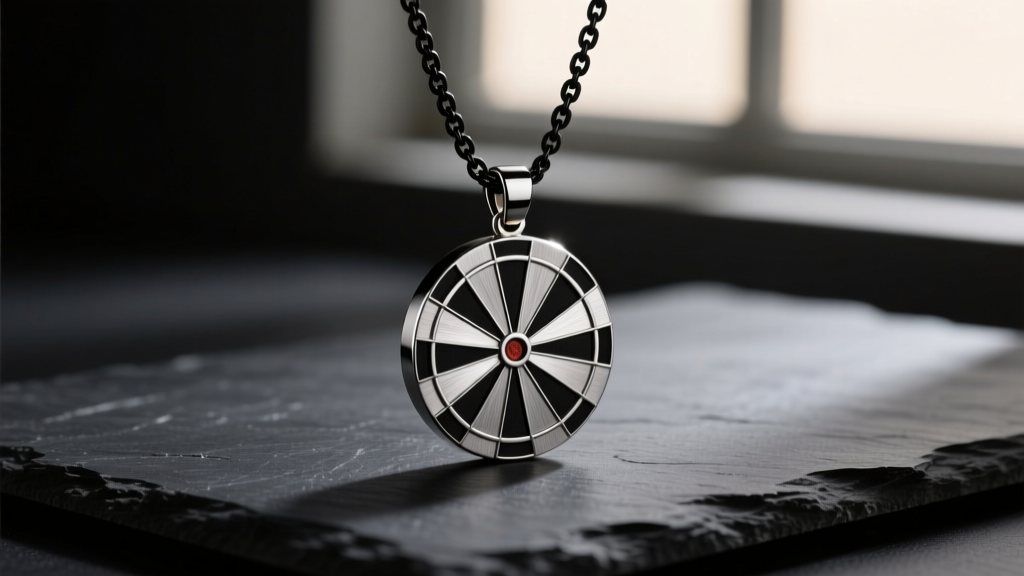 Titanium Jaxson dart pendant on a black box chain against dark slate, lit by moody light to reveal brushed metal.