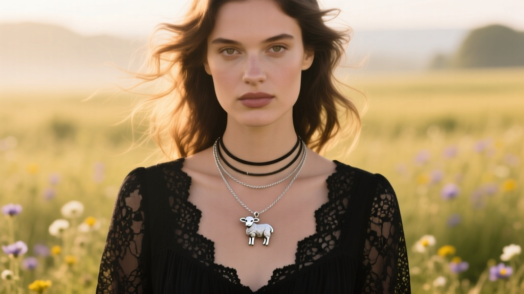 Model wearing a layered dark cottagecore necklace stack, featuring a small silver lamb pendant on a 1.2mm cable chain over black lace.