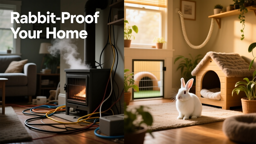 A side-by-side comparison showing unsafe household hazards (exposed wires, open vents) versus safe alternatives (cord covers, gated areas)